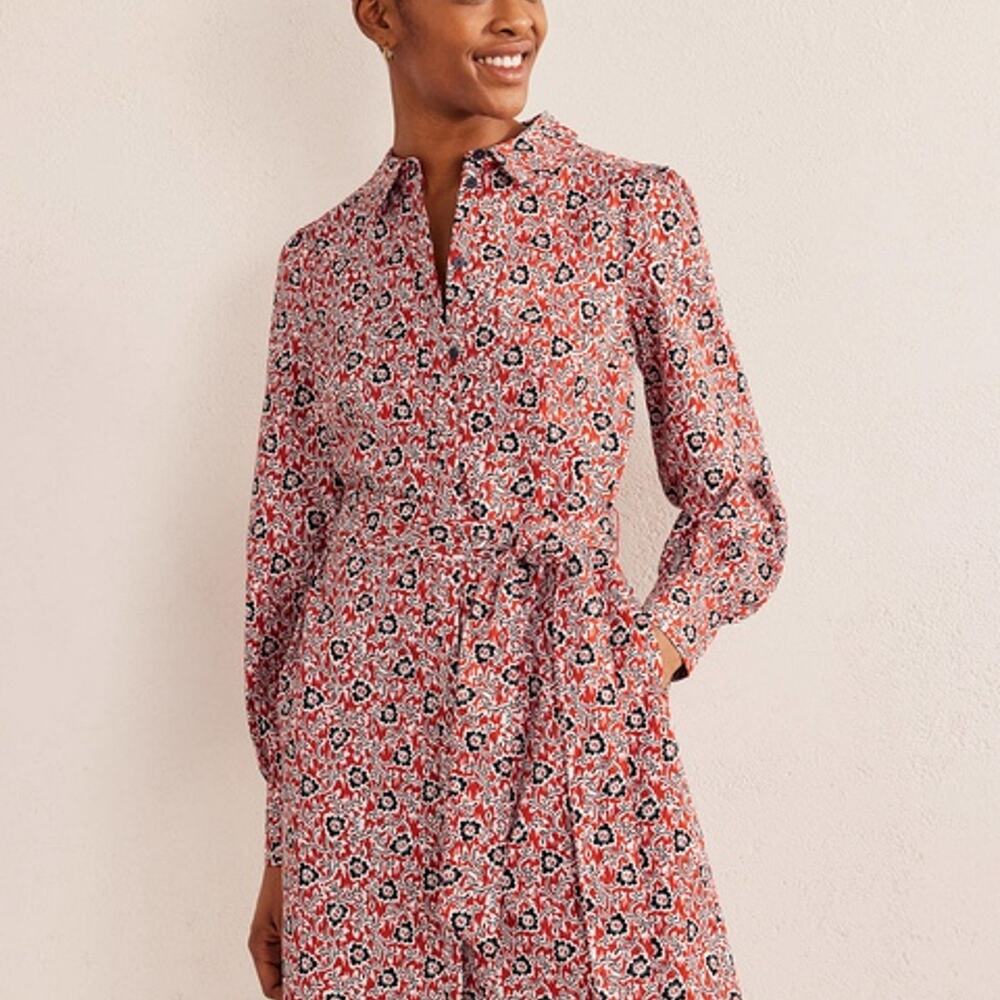 Boden Mini Belted Shift Shirt Dress in Burnt Orange Paisley Terrace.